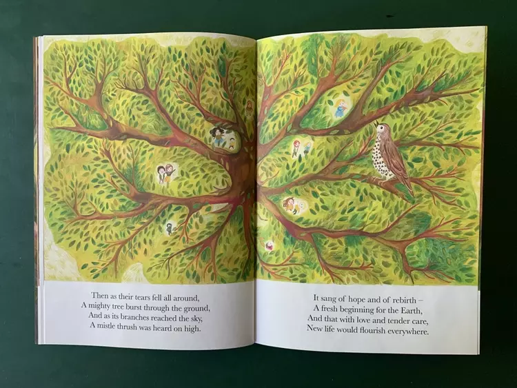 A full colour picture book illustration of the mistle thrush as he sits high in a tree, singing, The people can be seen between the leaves and branches, looking up at the bird as he sings.